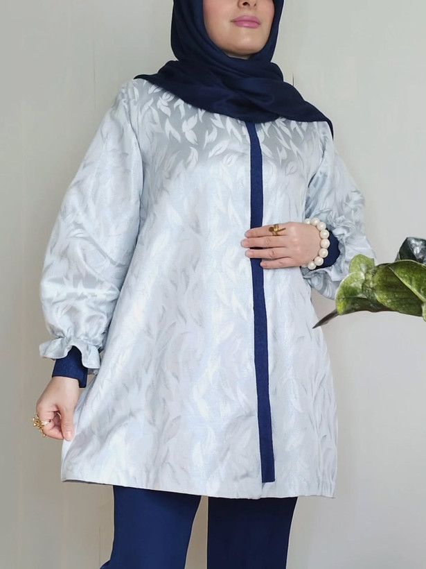 مانتو زنانه ژاکارد آبی مه آلود و کتان لمه