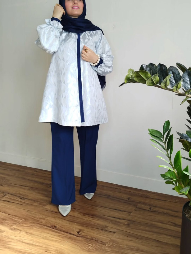 مانتو زنانه ژاکارد آبی مه آلود و کتان لمه