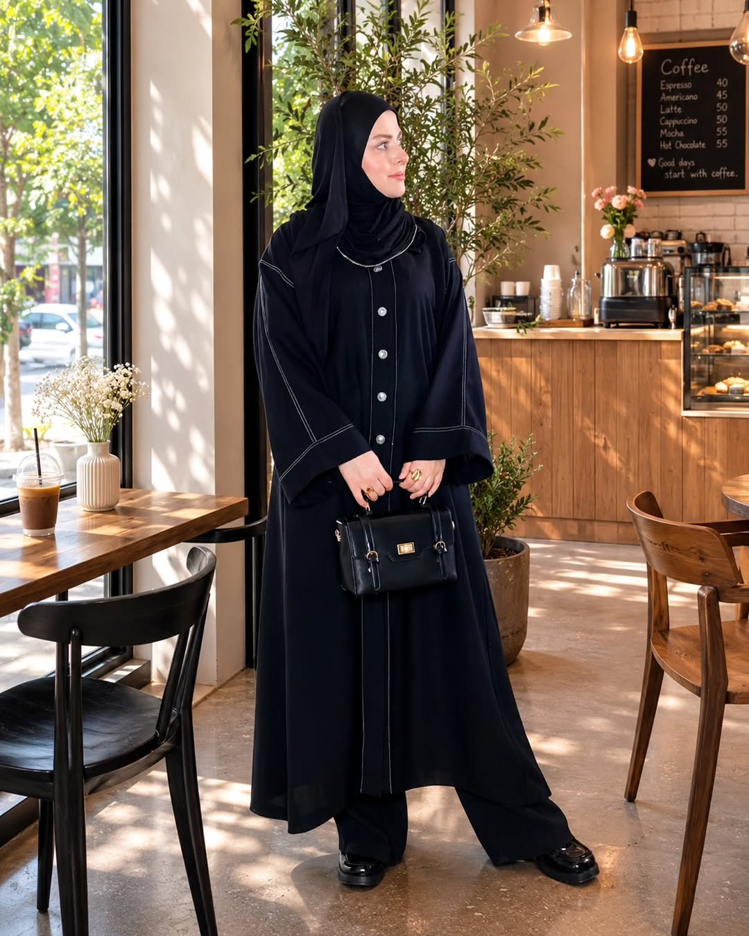 مانتو عبایی نخ جت بلک